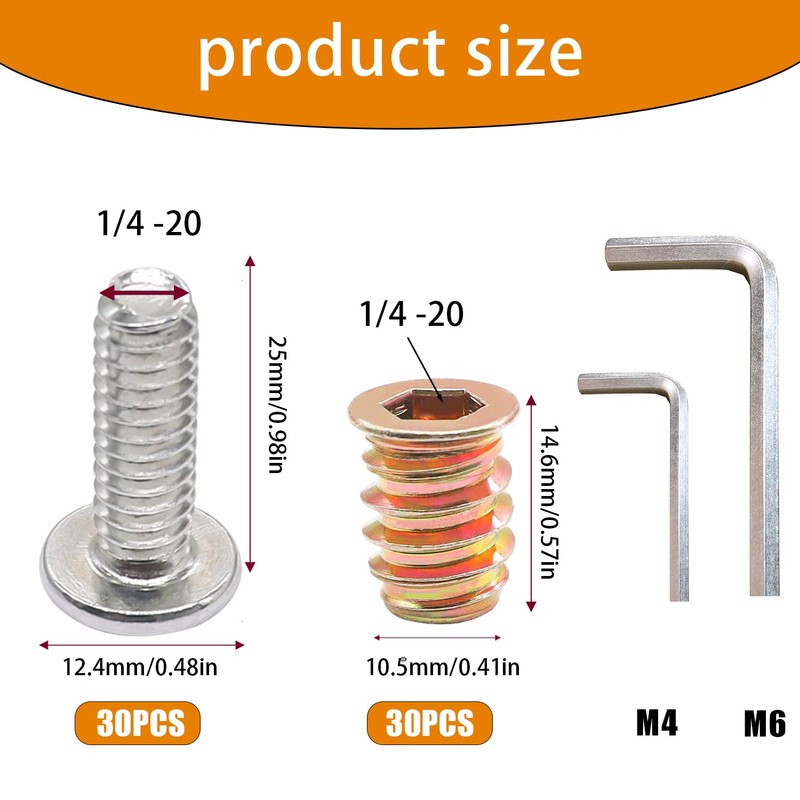 Taiss 30 Sets 1/4"-20 Threaded Inserts for Wood,Furniture Screw Nut