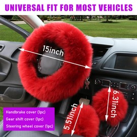 Ziciner 3PCS Wool Steering Wheel Cover with Fuzzy Handbrake Cover & Gear Shift Cover, Universal 15 Inch Steering Wheel Fluffy Soft Protector, Comforting Warm Car Decoration for Women Men (Red)
