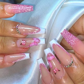 SINHOT Press on Nails Long Coffin Nails French Tip Fake Nails Glossy Glue on Nails Pink Gradient Acrylic Nails Glitter Artificial Nails Rhinestones False Nails 24 pcs