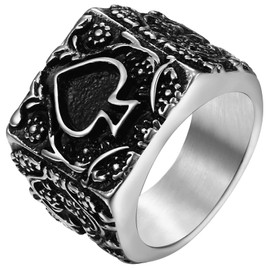 JewelryWe Retro Ace of Spades Ring Black Casting Skull Charm Poker Playing Card Stainless Steel Men's Ring Bands(US 13)