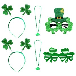 St. Patrick's Day Accessories for Costume - 2 Pieces Shamrock Green Headband , 2 Pieces Shamrock Bead Necklace St Patrick's Day , 2 Pieces Green Clover Sunglasses for Girls Women Party Supplies Favors