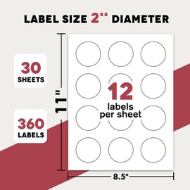 A-SUB 2" Round Label Stickers for Inkjet or Laser Printer, Glossy White, 360 Printable Circle Stickers for Custom Logo, Thank You Labels