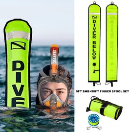 Seafard 5ft Yellow Scuba Diving Open Bottom Surface Marker Buoy (SMB) with 98ft Finger Spool Alloy Dive Reel and Double Ended Bolt Clip Blue
