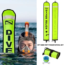 Seafard 5ft Yellow Scuba Diving Open Bottom Surface Marker Buoy (SMB) with 98ft Finger Spool Alloy Dive Reel and Double Ended Bolt Clip Blue