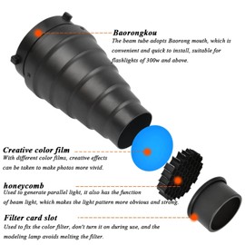 REAQUE Aluminium Alloy Conical Snoot with Honeycomb Grid and 5 Colour Filter Set, Compatible with Bowens Mount Studio Strobe Monolight Photography Flash