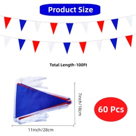 Rotenl 100 Feet 60 Pcs Red White and Blue Pennant Banner Flags String Hanging Triangle DIY Flags, Bunting Streamers Decorations for Grand Opening, Birthday, Wedding Celebration (Red White & Blue)