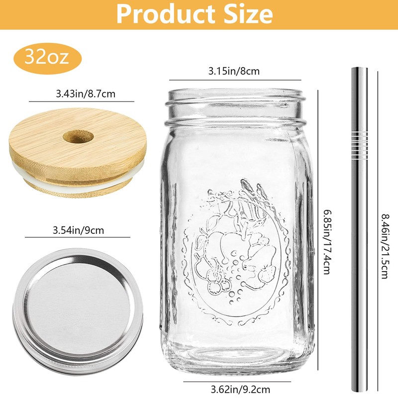 Icesip 4Pack 32oz Vintage Mason Jars with Bamboo Lids, Wide