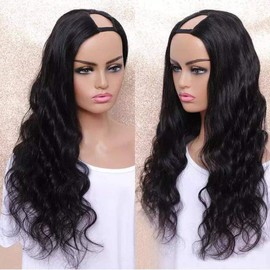 Huarisi U Part Wig Human Hair for Women, 100% 10A 1b Brazilian Hair Body Wave, Glueless Full Head Clip in Half Wigs U Shape Wigs, 150% Density Natural Color (20 Inch)