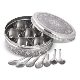 KSJONE Designer Spice Container Masala Dabba, 7 Spice Jars, Holds 7 Spices, Spice Container Box, Polished Stainless Steel with 7 Serving Spoons, Indian Masala Dabba with Lid, 8 Inch