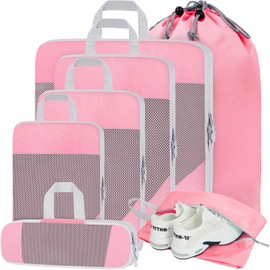 BESBESME 7PCS Compression Packing Cubes for Suitcase Luggage Packing Organizers Set with Mesh Expandable Lightweight Organiser Bag Set for Travel or Home Storage Pink