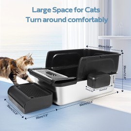 Bartuke Stainless Steel Litter Box XXL, Extra Large 23.6“L x 15.8”W x 11.8" H High Sided Metal Cat Litter Box with One-Piece Scoop, Filter Pedal, Garbage Bags & Storage Box, Easy Cleaning (Black)