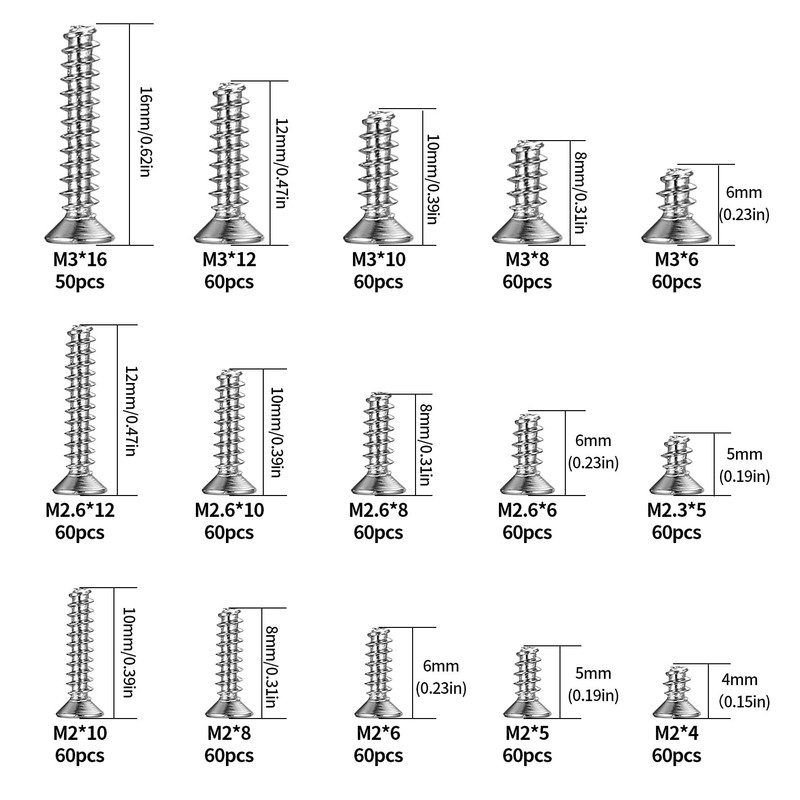 M2 M2.6 M3 Screws Set, 890 Pieces Self-Tapping Screws, Flat