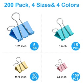 200 Count Colored Binder Clips Assorted Sizes, 4 Sizes Large, Medium, Small, Mini, Metal Paper Clamps, Bulk Clips Office Supplies (1 1/4", 1", 3/4", 1/2 Inch) KKEETUR