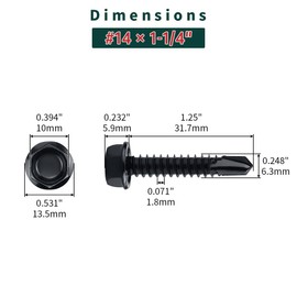 #14 x 1-1/4" Black Hex Washer Head Self Drilling Screws (25 pcs), 410 Stainless Steel, Black Oxide Coated, Quick Steel Self Tapping Sheet Metal Tek Screws, Fayeploo