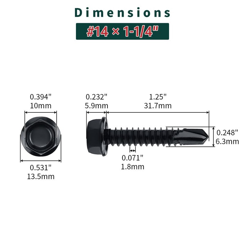 #14 x 1-1/4" Black Hex Washer Head Self Drilling Screws