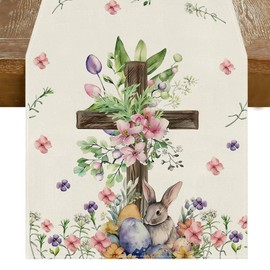 RABUSOFA Cross Bunny Colorful Eggs Flowers Leaves Rabbits Easter Table Runner,Easter Decorations for Home Kitchen Dining Dinner Indoor Holiday Farmhouse Spring Decor 13x72 Inch