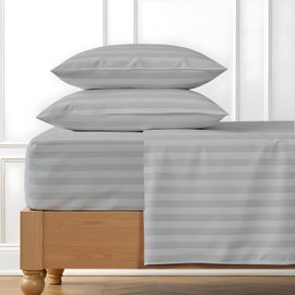 Luxury 100% Egyptian Cotton Queen Sheet Set Stripe - 1000 Thread Count - 4 PC Deep Pocket Fitted and Flat Sheets, Soft, Extra Cooling Long Staple Hotel-Quality Bedding with Sateen Weave - Light Grey