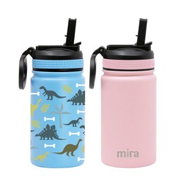 MIRA 2 Pack 12 oz Kids Water Bottle with Straw Lid - Vacuum Insulated Stainless Steel Thermo | Reusable, Leak-Proof, BPA-Free Flask, Dinosaurs & Rose Pink