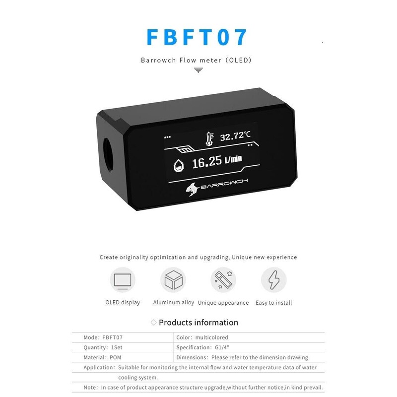 Barrowch G1/4" Water Temperature Sensor & Flow Meter with OLED