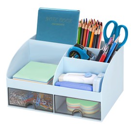 SYJINHUASY Multifunktionaler Schreibtisch Organizer, Kompakter Büroorganizer mit 5 Fächern & 2 Schubladen,Plastik Tisch Organizer für Büro Zuhause Schule (Blue-B)