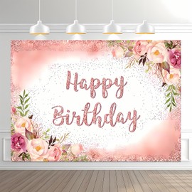 DSAQEFS45E Rose Gold Birthday Backdrop for Girls Women Happy Birthday Party Photography Background Blush Pink Rose Gold Glitters Confetti Bday Decoration Photoshoot Banner (7x5ft)