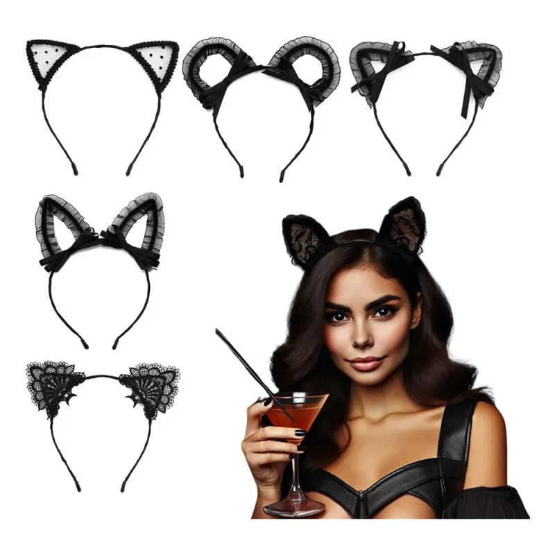 Set de Antifaces de Encaje y Diademas Orejas Gato 20