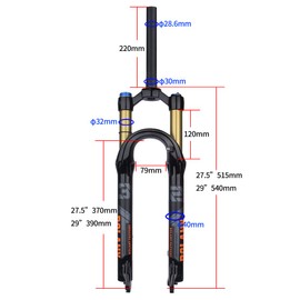 BOLANY 26/27.5/29inch Bike Suspension Fork 120mm Travel 28.6mm (1-1/8inch)*220mm Thread-Less Straight Steerer 9mm QR*100mm Spacing Disc Brake Version MTB Air Forks