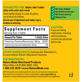 Nature Made Nature Made Vitamin B1 100 mg, Dietary Supplement for Energy Metabolism Support, 100 Tabletss, 100 Day Supply.