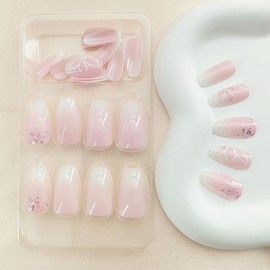 Short Press on Nails Coffin Fake Nails Press ons Light Pink Gradient False Nails with Silver Glitter Leaf Designs Full Cover Acrylic Nails Glossy Stick on Nails for Women 24 Pcs