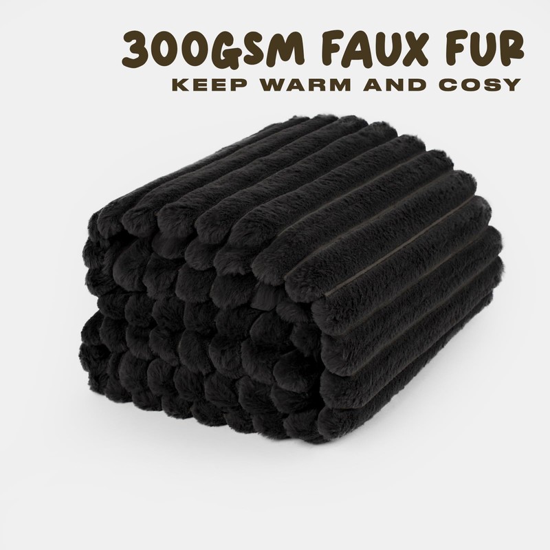 OHS Faux Fur Black Throw Blanket for Bed, Thick Soft