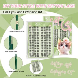 Cat Eye Lash Extension Kit KEYYOU Lash Clusters Kit 96pcs Cat Wispy Natural Lashes Clusters with Lash Bond and Seal,Lash Tweezers,Lash Remover for DIY at Home（Sweet Kitty）
