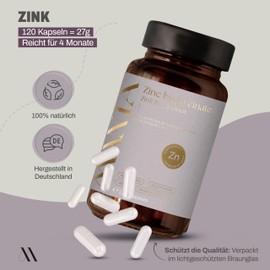 MANIA High Dose Zinc - 120 Zinc Capsules High Dose - Zinc Supplement with Zinc Bisglycinate - Zinc Preparations for Skin, Hair, Nails, Immune System - Zinc Vegan