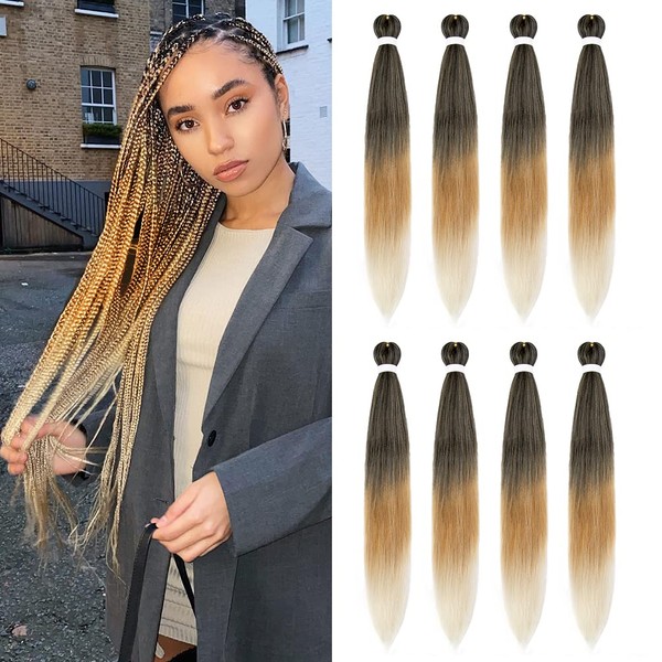 8 Pack Ombre Braiding Hair Pre Stretched - 26" 100G/Pack Premium Kanekalon Pre Stretched Braiding Hair Extensions, Professional Itch Free Hot Water Setting Perm Yaki Prestretched Hair(1B/27/613)