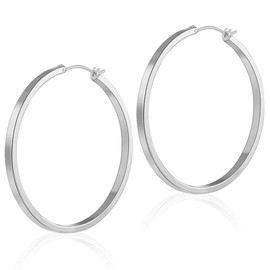 Chunky Silver Hoop Earrings, S925 Sterling Silver Hoop Earrings for Women Hypoallergenic Lightweight Big Hoops White Gold Plated Large Hoops Jewellery Birthday Gifts for Lady Girls, Silver, 49mm