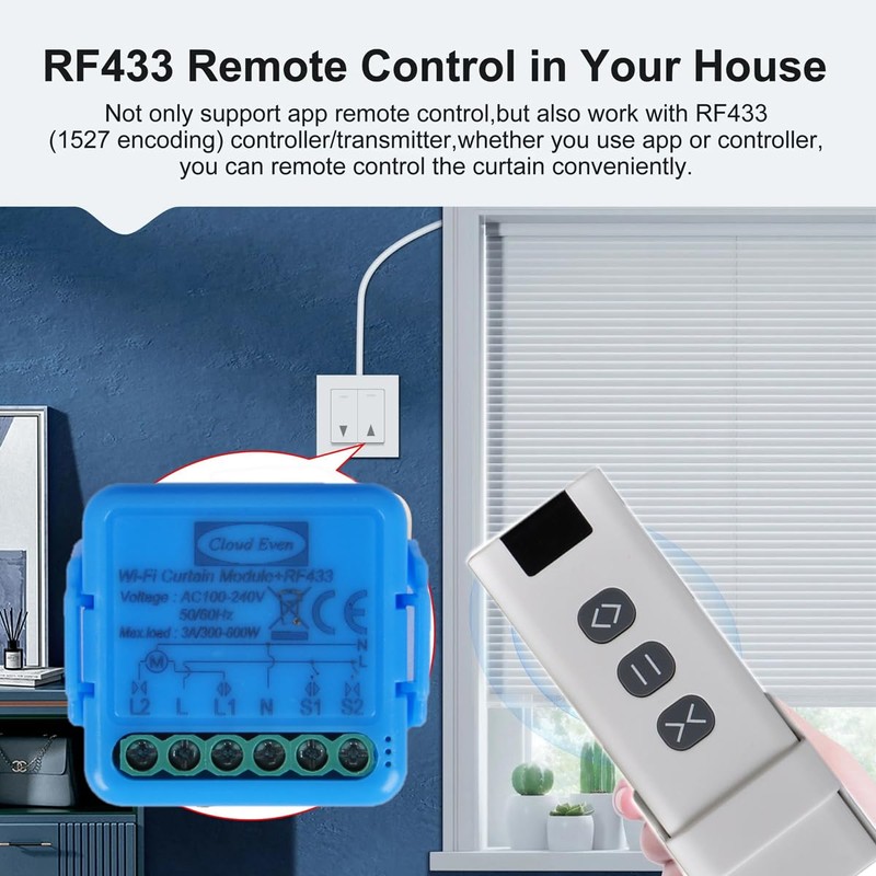 WiFi Switch RF433MHz for Electric Shutters, Blinds, Remote Control, Timer,