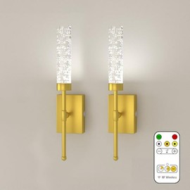 ThyFenno Battery Operated Crystal Wall sconces with Remote Control, 3 Color Temperature Dimmable Wall Light, Single Head Light, Brass