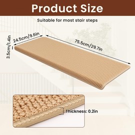 Stair Treads for Wood Steps, Bullnose Carpet Stair Treads Self-Adhesive Non Slip Stair Tread Mat,Washable Stair Ruuner - Camel (14pcs)