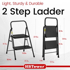 HBtower 2 Step Ladder, Step Stool with Wide Anti-Slip Pedal, Step Ladder Folding Step Stool for Adults, Lightweight Steel Portable ladders for Home Kitchen