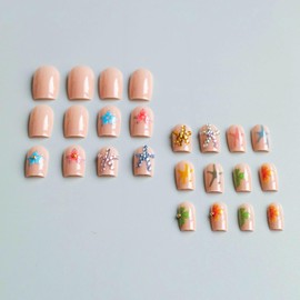 BABALAL Press on Nails medium Square Fake Nails Colorful Star Flower Design Acrylic Nails Supplies 3D Rhinestone Bling Y2k False Nails Manicure Stick on Nails for Women and Girls