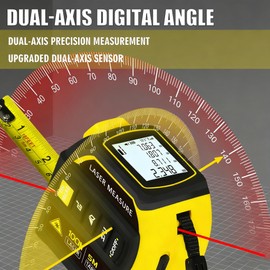 GladJoJoY 4-in-1 Laser Tape Measure 328FT, Digital Laser Distance Meter,16FT Steel Tape, Dual-Axis Electronic Angle & Crosshair Level,Area/Volume/Pythagorean,LCD Rechargeable Measuring Tool(Yellow)