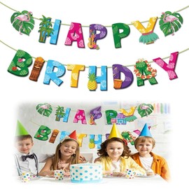 Pack of 2 Hawaiian Decorative Garland, Happy Brithday Banner, Jungle Decoration Birthday, Hawaiian Party Decoration, Flowers, Flamingo Pineapple Birthday Garland Decoration, for Summer, Tropical