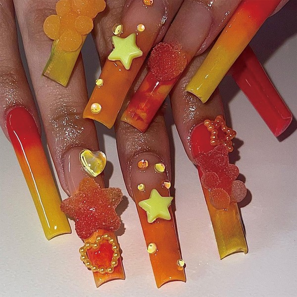 SINHOT Long Press on Nails Square Fake Nails Glossy Glue