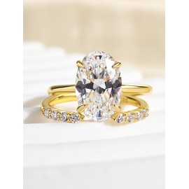 Effinny 3.5ct Elongated Oval Cut Wedding Ring Set,Solitaire Engagement Ring with Open Wedding Band,925 Sterling Silver Bridal Ring Set (Yellow Gold, 7)