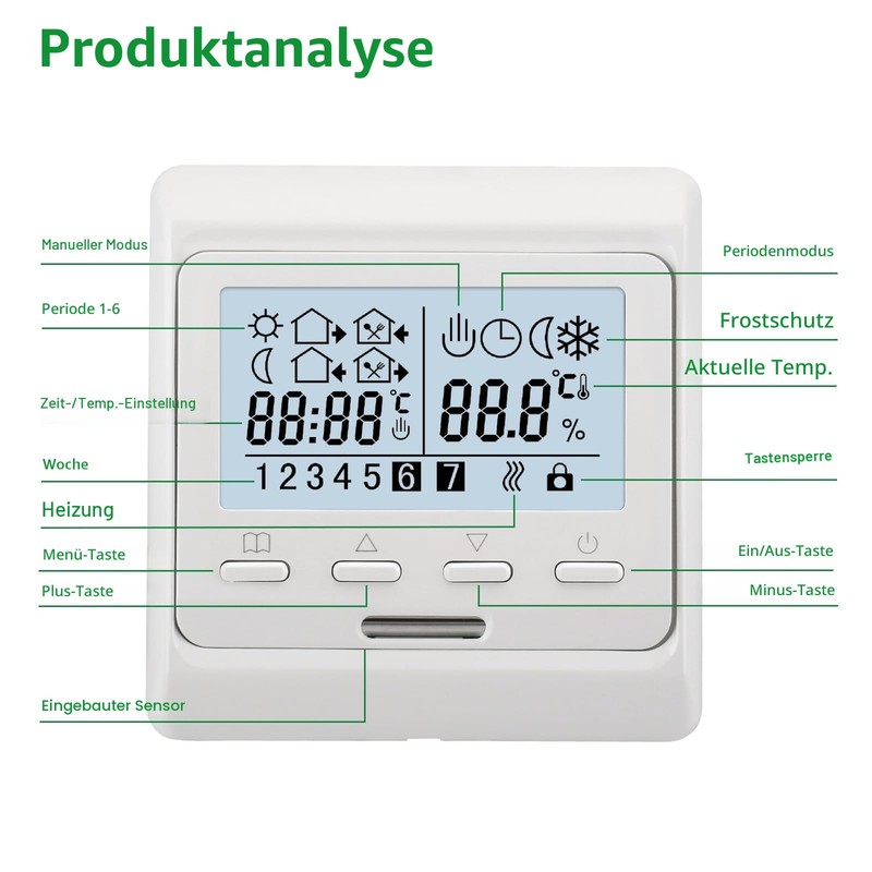 Wengart Thermostat Electric Underfloor Heating 16A, WG806 Digital Room Thermostat
