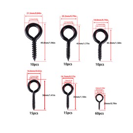 TIOMIOSEA Pack of 120 Small Eye Bolts, Screw Eyelets with Wood Thread, Eye Screw Hooks, Nickel-Plated Metal Screw Hooks for Wood, Securing Cable Wires, Six Sizes (Black)