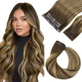 HOTBANANA Invisi Edge Clip in Hair Extensions, 18inch 110g 4Pcs Injected Seamless and 3Pcs PU Clip Ins Human Hair Extensions Balayage Chocolate Brown with Honey Blonde