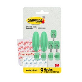 Command Gemischte Haken, 9 Aloe-Haken, 13 Streifen (2 mittelgroße Designer-Haken, 4 mittelgroße Innenstreifen; 3 kleine Drahthaken, 4 kleine Innenstreifen; 4 transparente runde Kordel-Clips, 5 kleine
