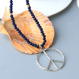 KELITCH Necklace, Classic Peace Symbol, Love, Hippie Pendant, Matte, Crystal Beads, No metal type, Blue C