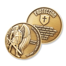 Archangel Michael Challenge Coin, Quis Ut Deus - 1.75" Antique Gold-Color Plated St Michael Prayer Token - Commemorative Religious Coins - Christian Coin Gifts for Collectors, Bible Study