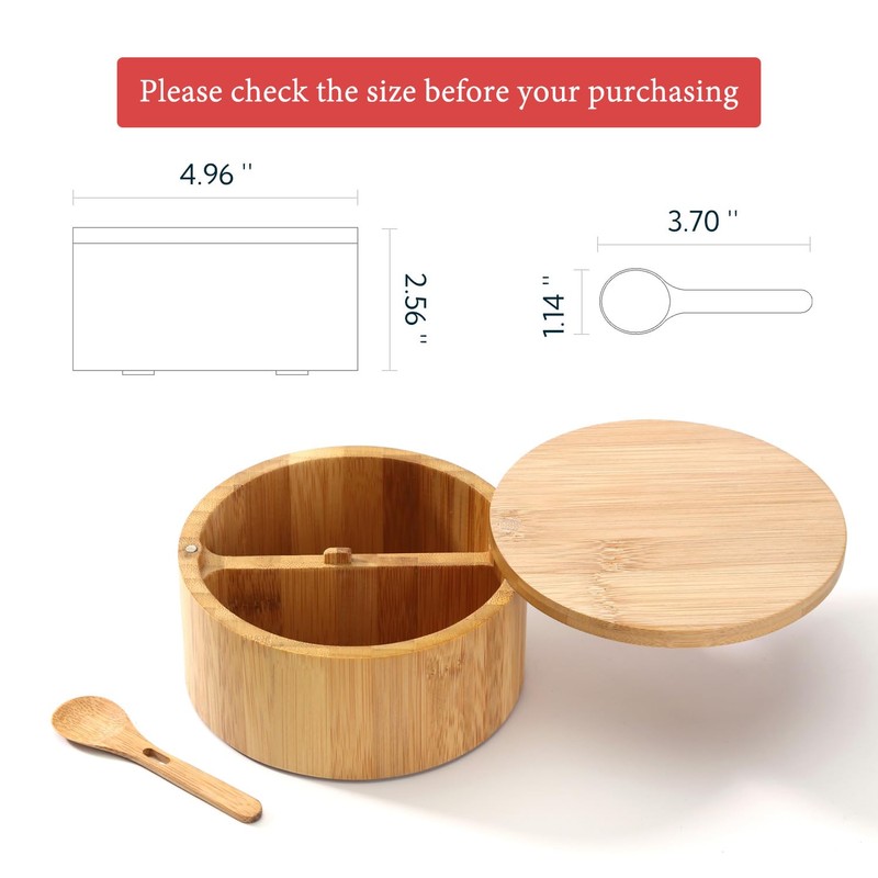 KITCHENDAO Bamboo Salt and Pepper Bowl Box Cellar Container Divided,
